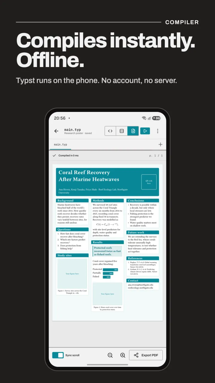 A Typst research poster compiled by Kern, with sync scroll and PDF export