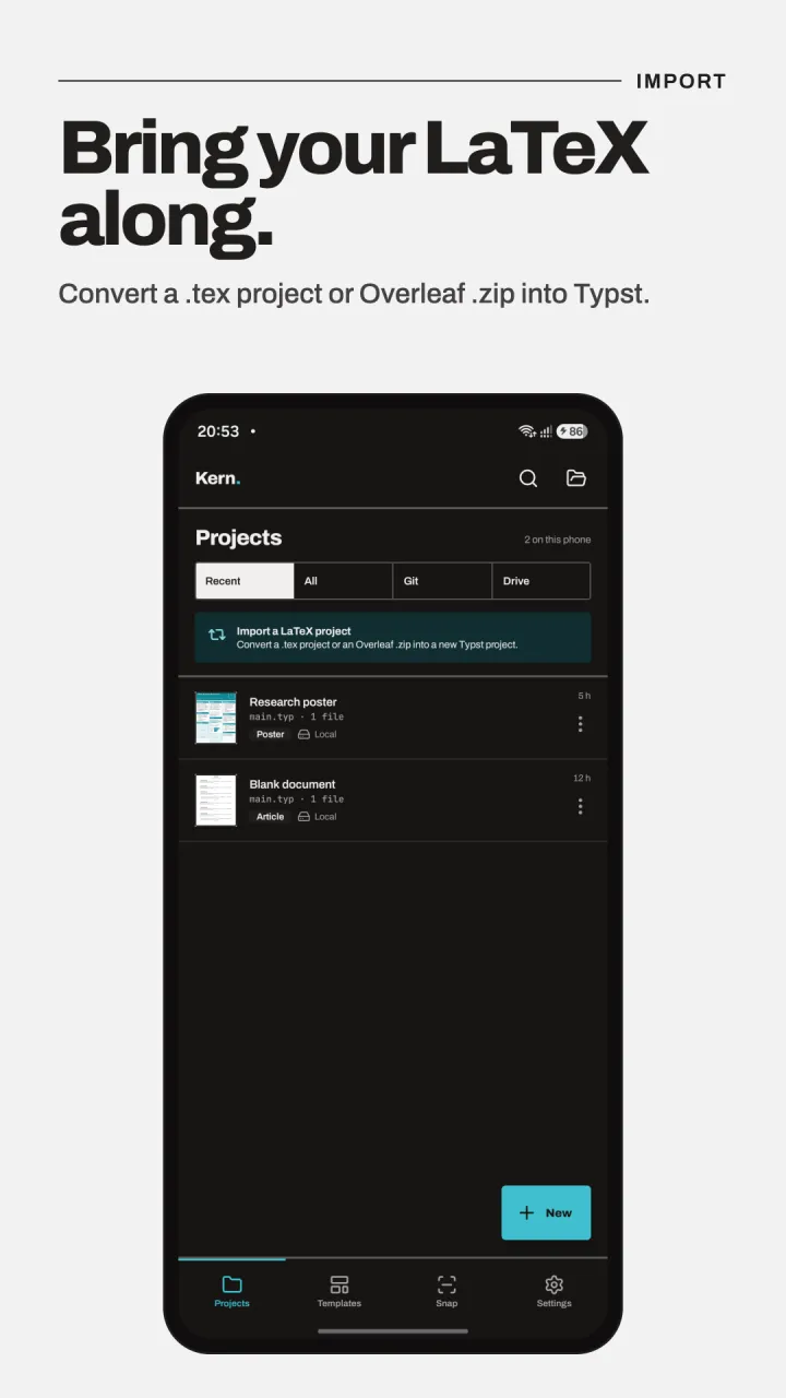 Kern's projects screen offering to import a LaTeX project as Typst