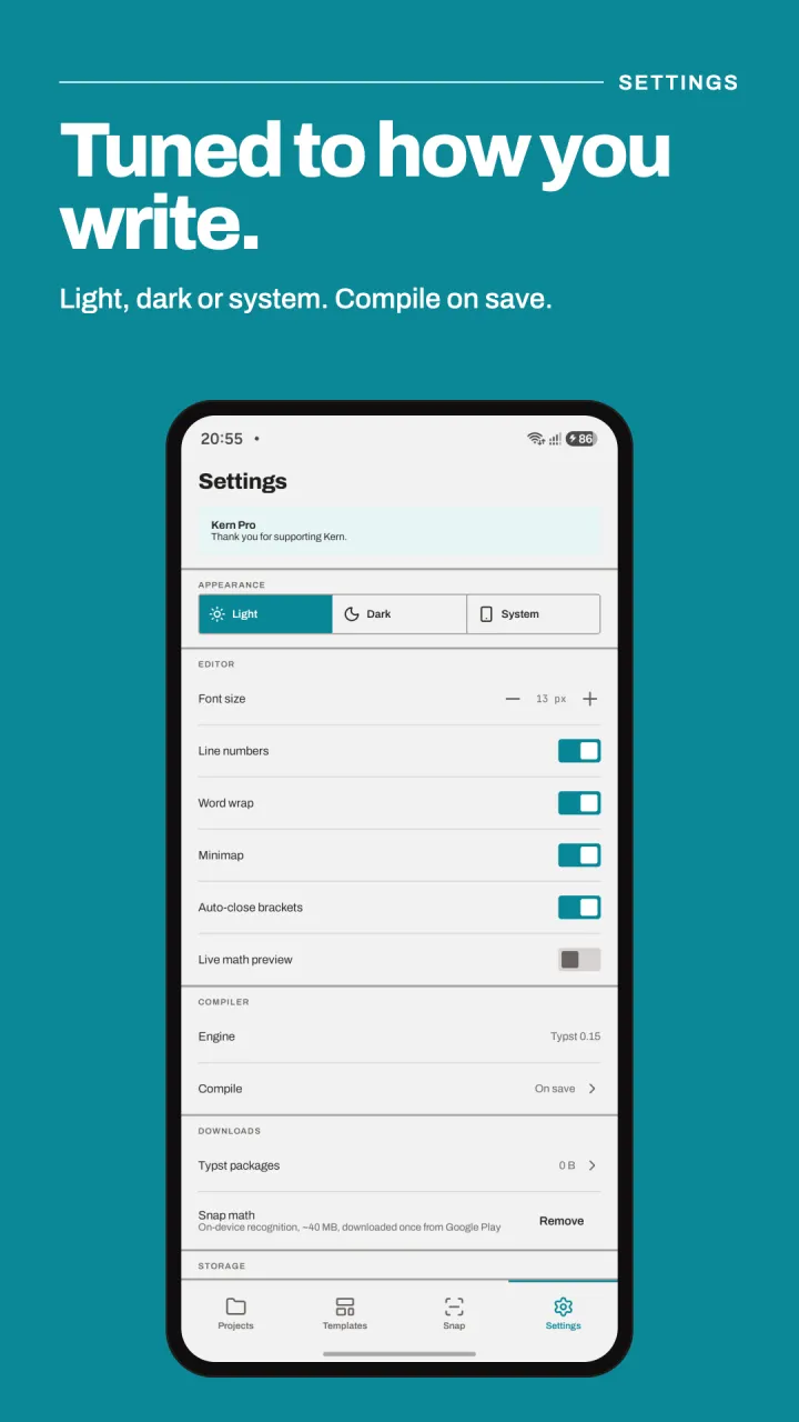 Kern's settings with appearance, editor and compiler options