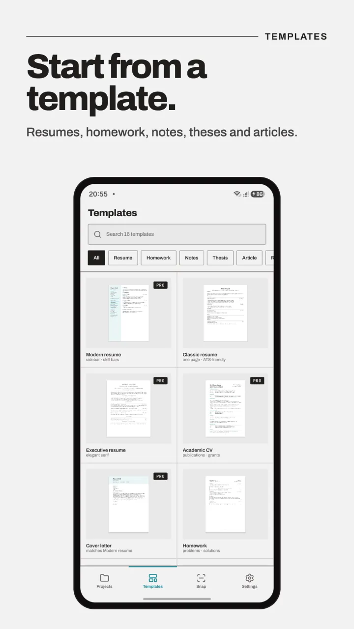 Kern's template gallery with resume, CV, cover letter and homework templates